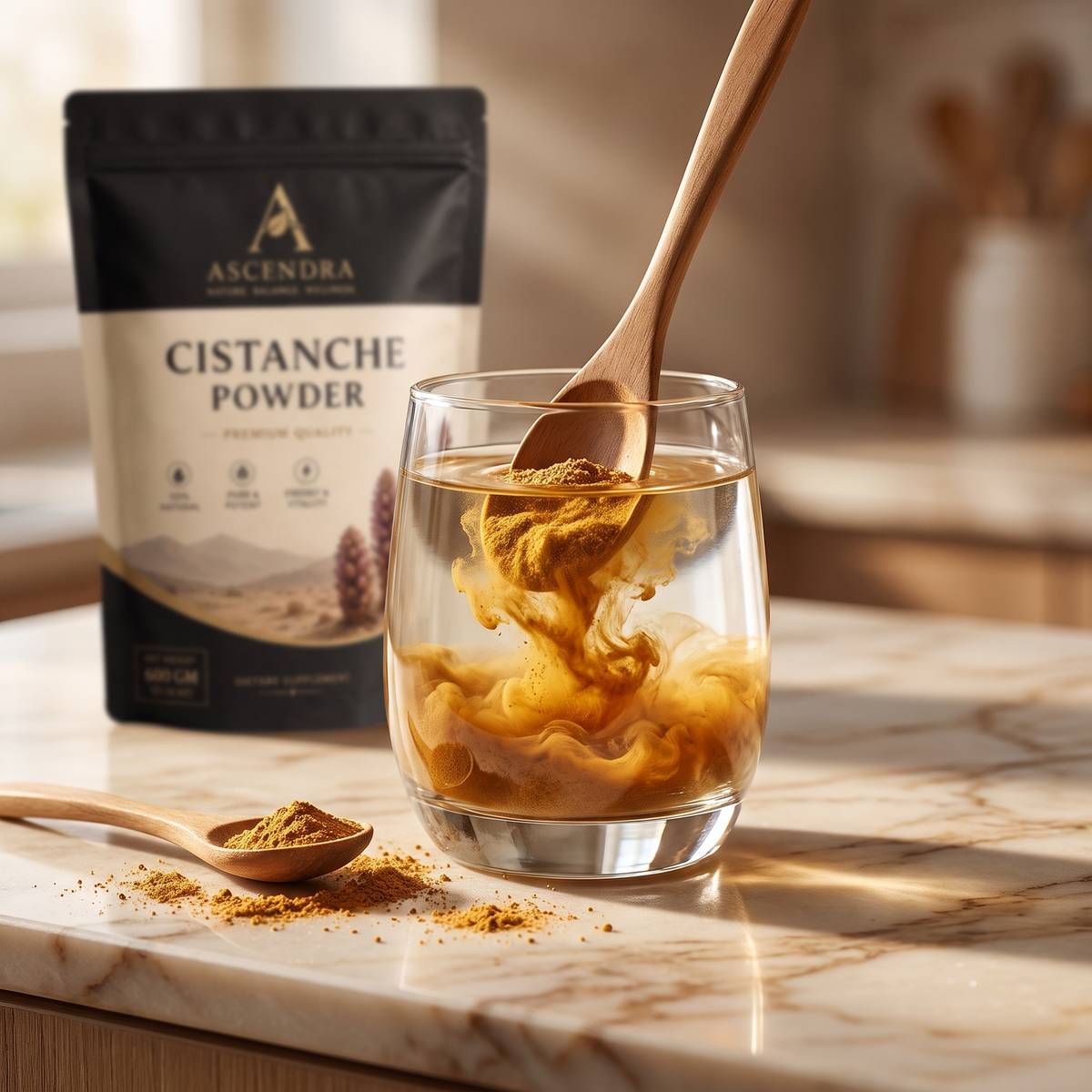 Ascendra Cistanche Powder being poured from a spoon into a glass of water